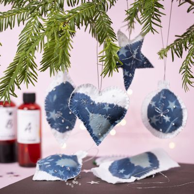 Cyanotype fabric Christmas decorations