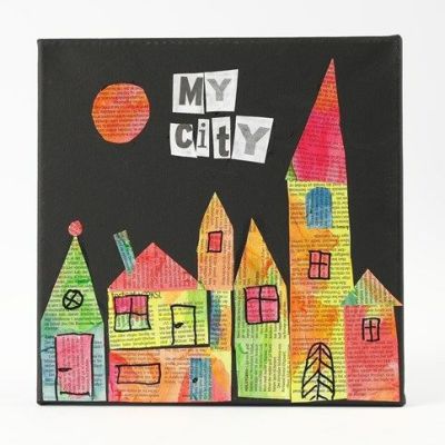 A black artist’s canvas featuring a collage made from coloured newspaper
